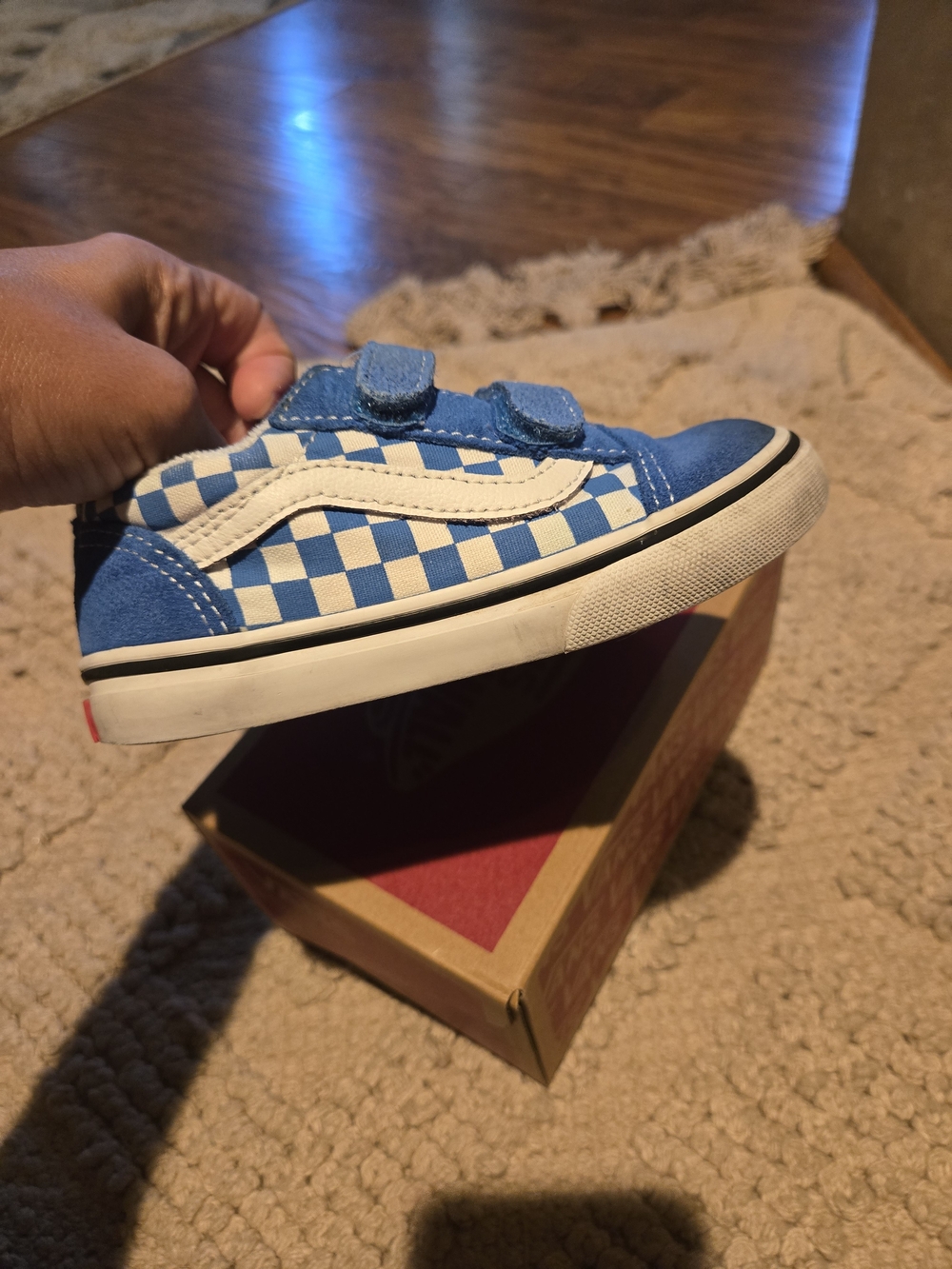Wore Twice Vans Kids Blue and White Checkerboard Velcro Sneakers